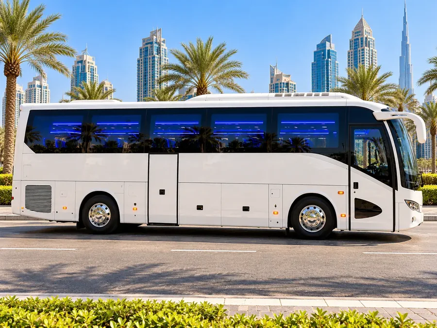 Party bus event coach side view for celebration transport in Dubai