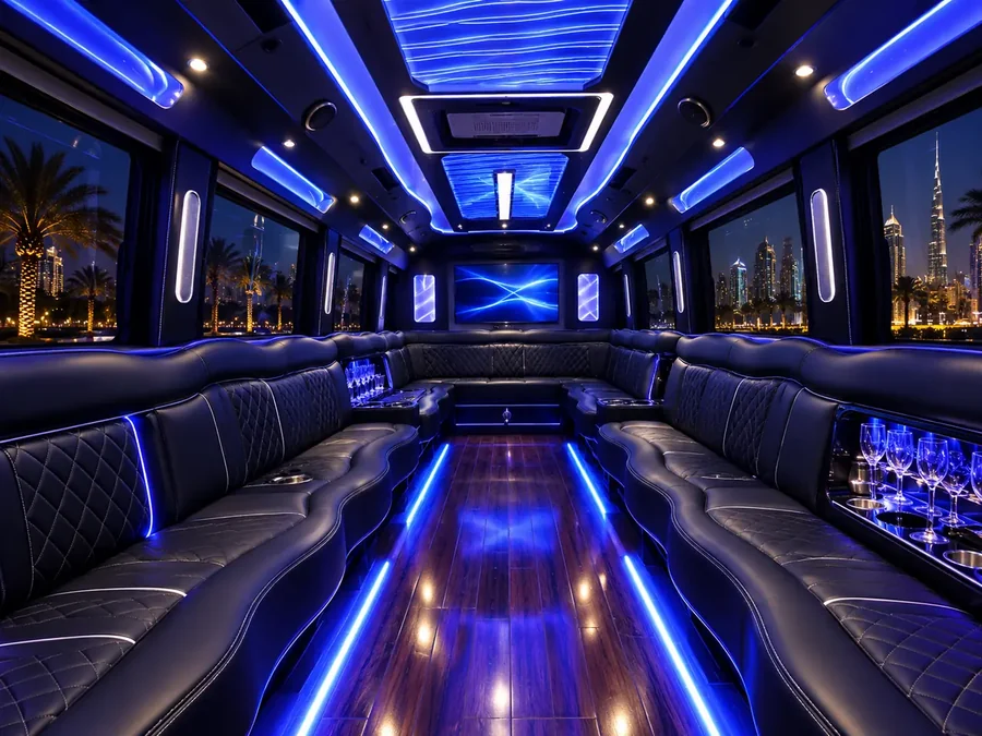 Luxury party bus interior image for Dubai celebration and event transport planning